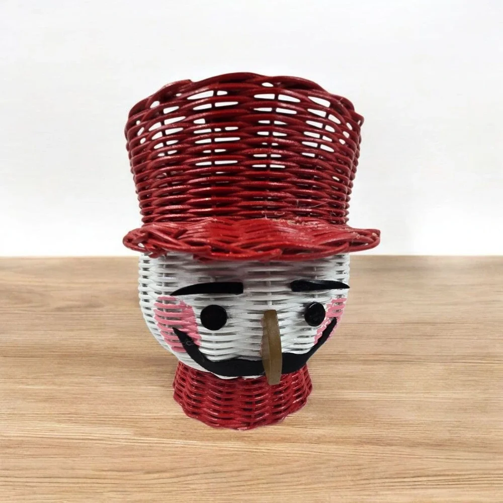 Vtg Wicker Rattan Christmas Nutcracker Tin Soldier Planter Basket 9
